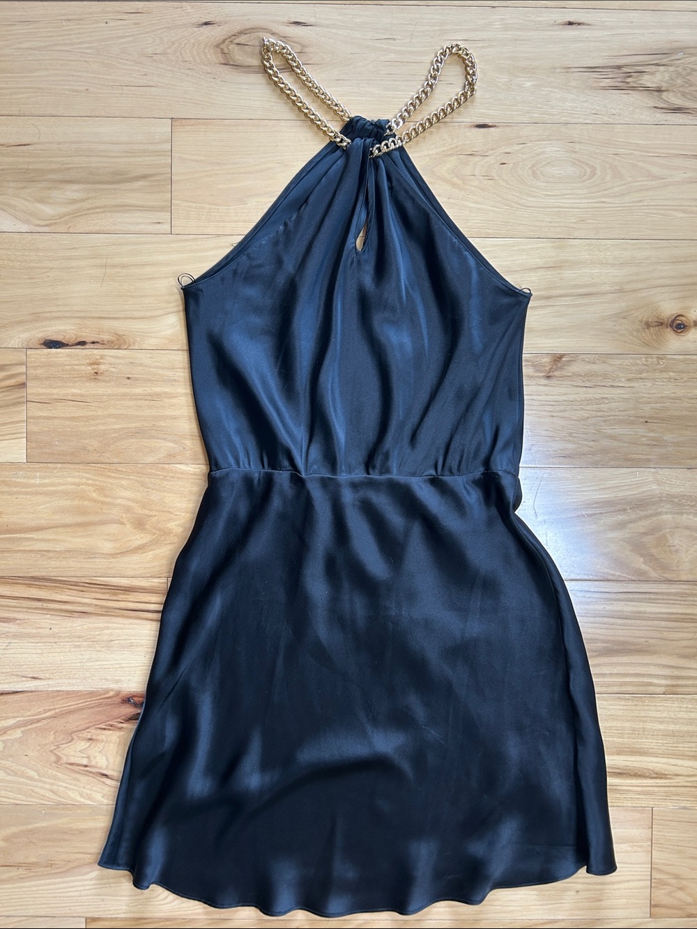 Amanda Uprichard Black 100% Silk Halter Gold Chain Mini Dress | Size Large